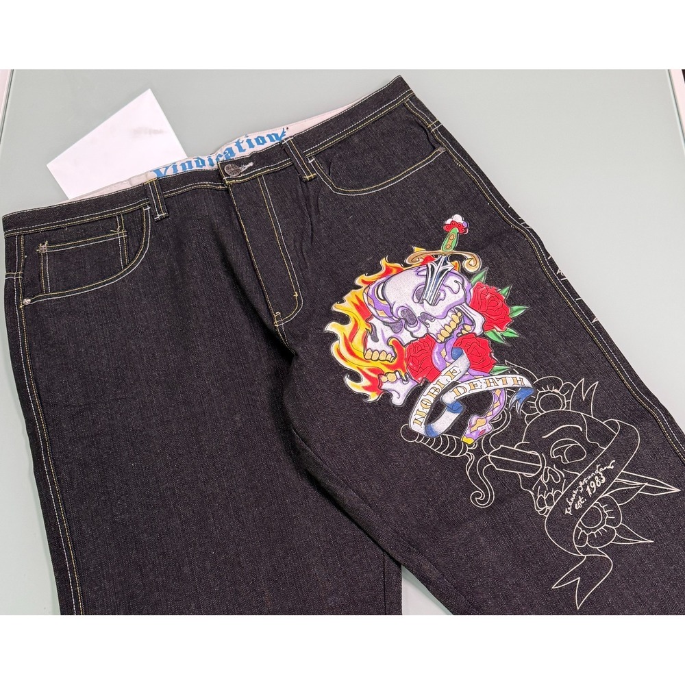 VTG Y2k Raw Blue Jeans Men 42x34 Black Denim Embroidered Embellish Skull Baggy‎